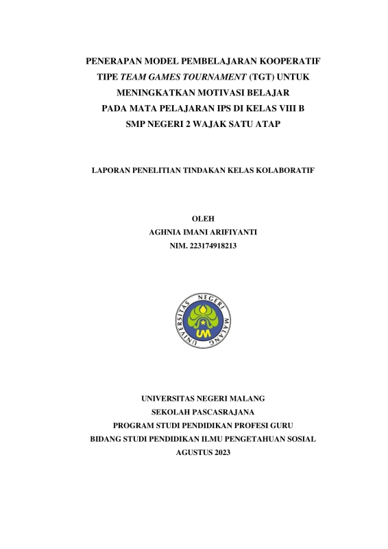 Penerapan Model Pembelajaran Kooperatif Tipe Team Games Tournament (TGT) untuk Meningkatkan Motivasi Belajar pada Mata Pelajaran IPS di Kelas VIII B