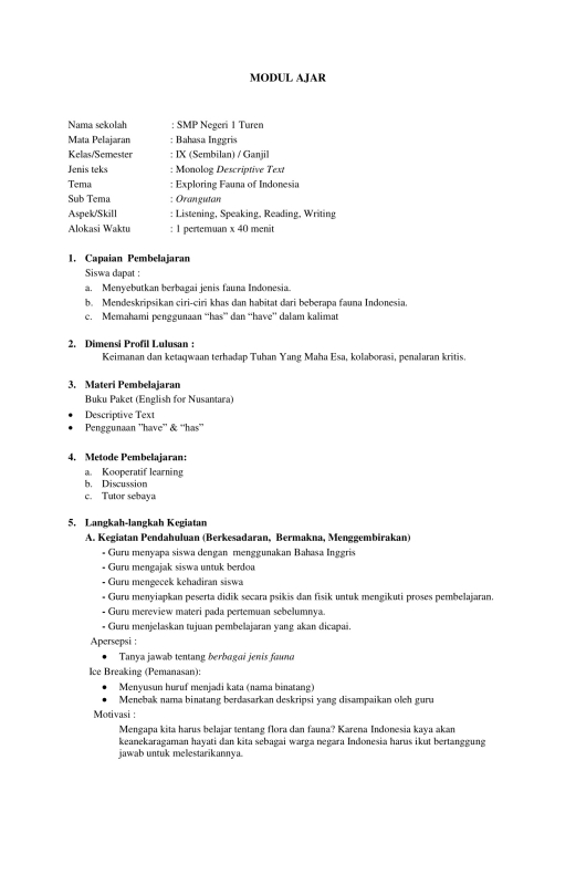 Modul Ajar Bahasa Inggris Kelas IX: Descriptive Text "Exploring Fauna of Indonesia" (Orangutan)