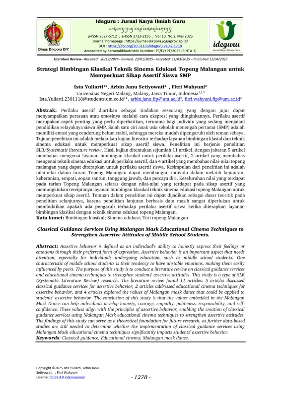 Strategi Bimbingan Klasikal Teknik Sinema Edukasi Topeng Malangan untuk Memperkuat Sikap Asertif Siswa SMP