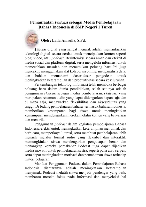 Pemanfaatan Podcast sebagai Media Pembelajaran Bahasa Indonesia di SMP Negeri 1 Turen