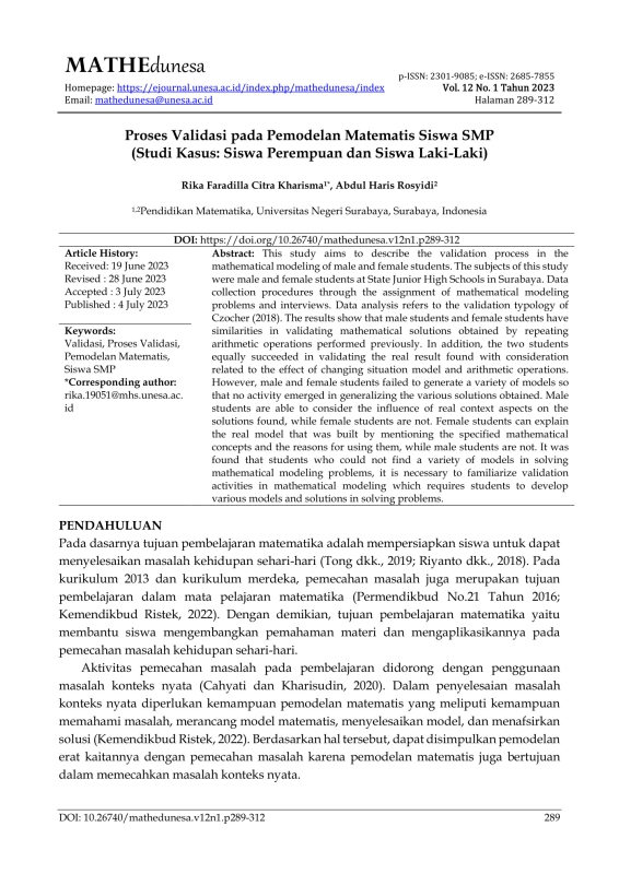 Proses Validasi pada Pemodelan Matematis Siswa SMP (Studi Kasus: Siswa Perempuan dan Siswa Laki-Laki)